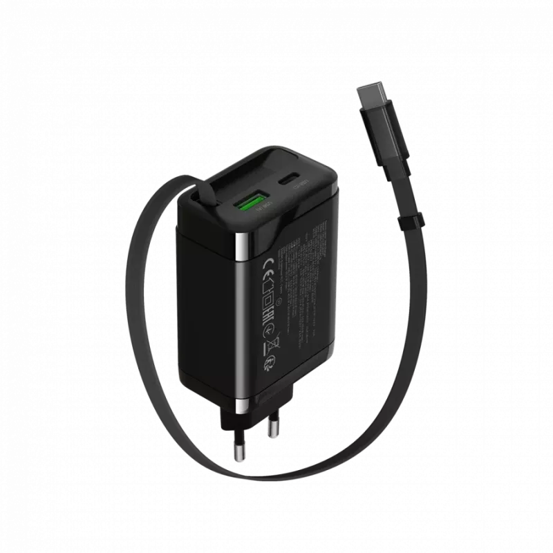 Ladegerät CANYON OnCharge 65RC mit integriertem USB-C-Kabel, 65 W, 1x PD, 1x QC, EU-Stecker, Schwarz