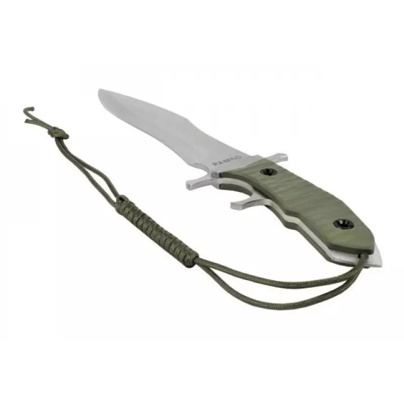 Feststehendes Messer Cinema Classic CC-H5 Rambo V — Überlebensmesser, Stahlklinge 230 mm, Gesamtlänge 385 mm, grüner Polymergriff, Lederscheide