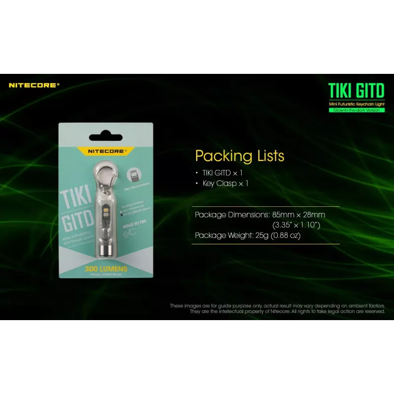 Schlüsselanhänger-Taschenlampe Nitecore TIKI GITD Grau — USB wiederaufladbar, 1 lm, 55 mm, 12 g, IP66