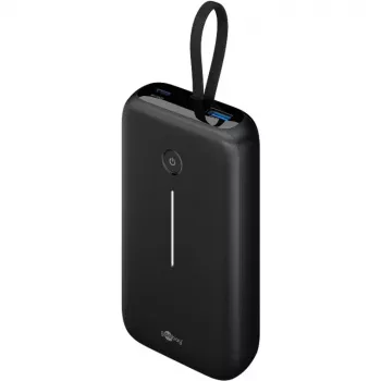 Powerbank 20.000 mAh, integriertes USB-C-Kabel 13 cm, 30 Watt (schwarz, 20 Ah, 1x USB-A, 2x USB-C, PD, QC)