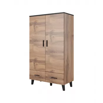 Kleiderschrank cama meble LOTTA 2D2D, 2-türig, Wotan-Eiche-Rahmen, mattschwarze Fronten, 1100×550×1900 mm