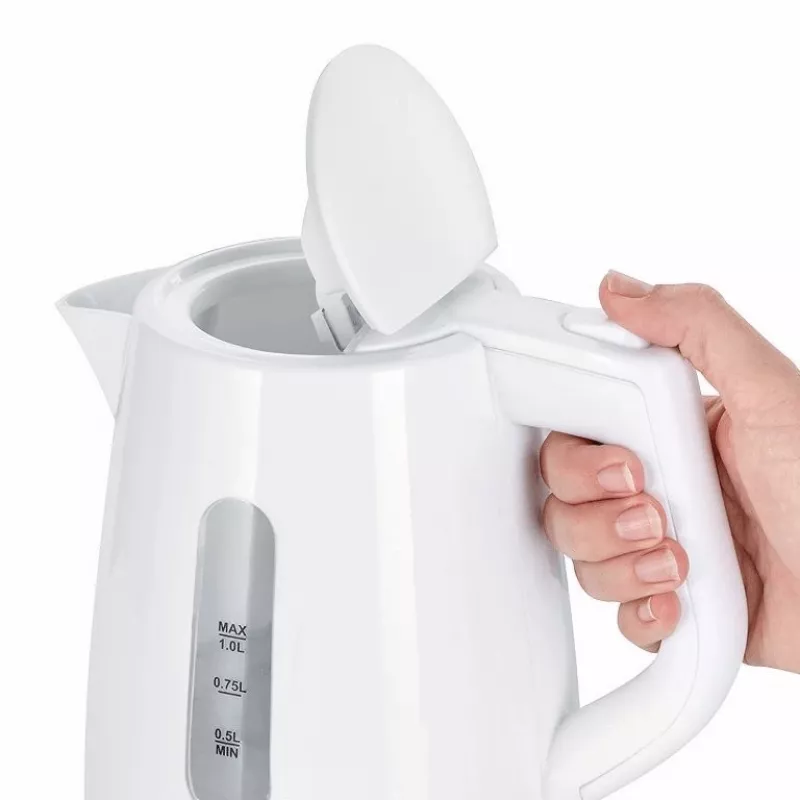 Elektrischer Wasserkocher SEVERIN 1 L 2200 W weiß – kabellos, 360° Basis, verdecktes Heizelement
