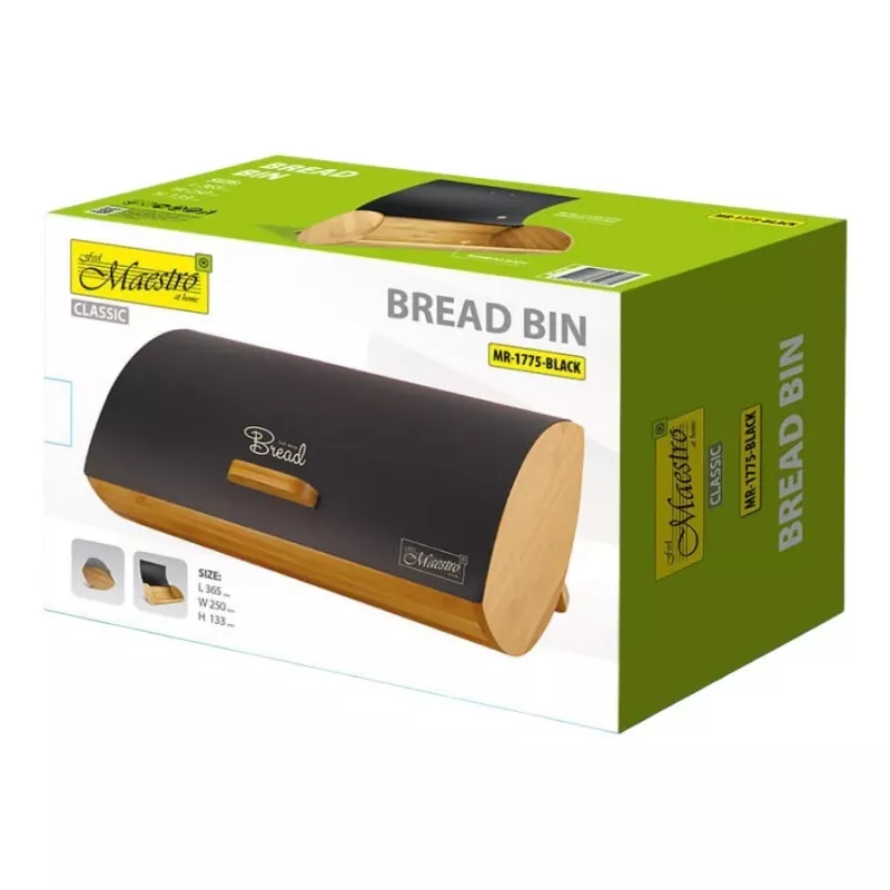 Maestro MR-1775-BLACK Brotkasten Schwarz, Holz Bambus, Metall