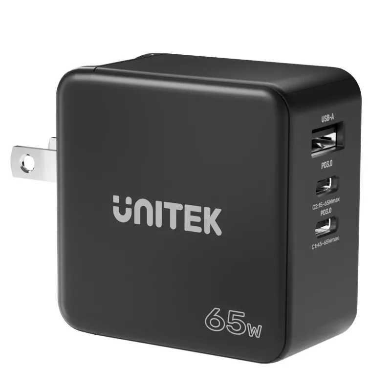 Unitek P1117B USB-C PD 65W Universelles Mobil-Ladegerät, 2x USB‑C PD + 1x USB‑A, Schwarz