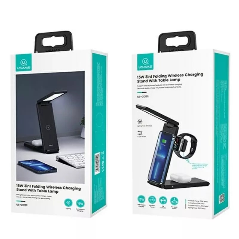 Kabelloses Ladegerät mit Lampe 3-in-1 15W von usams Modell CD181WXC01 schwarz