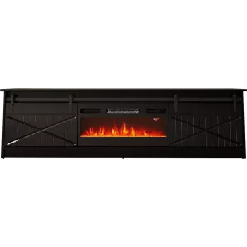 TV-Ständer mit Kamin Cama Meble GRANERO Modell – 200 x 56,7 x 35 cm, Schwarz/Schwarz glänzend, 2 Türen, 2 Regale, Schiebetüren, MDF/Spanplatte