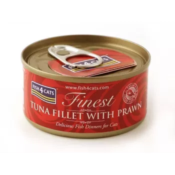 Nassfutter für Katzen FISH4DOGS Thunfischfilet mit Garnele 70 g – Nassfutter in Dose, 83 % Feuchtigkeit, 14 % Protein, gluten- und sojafrei