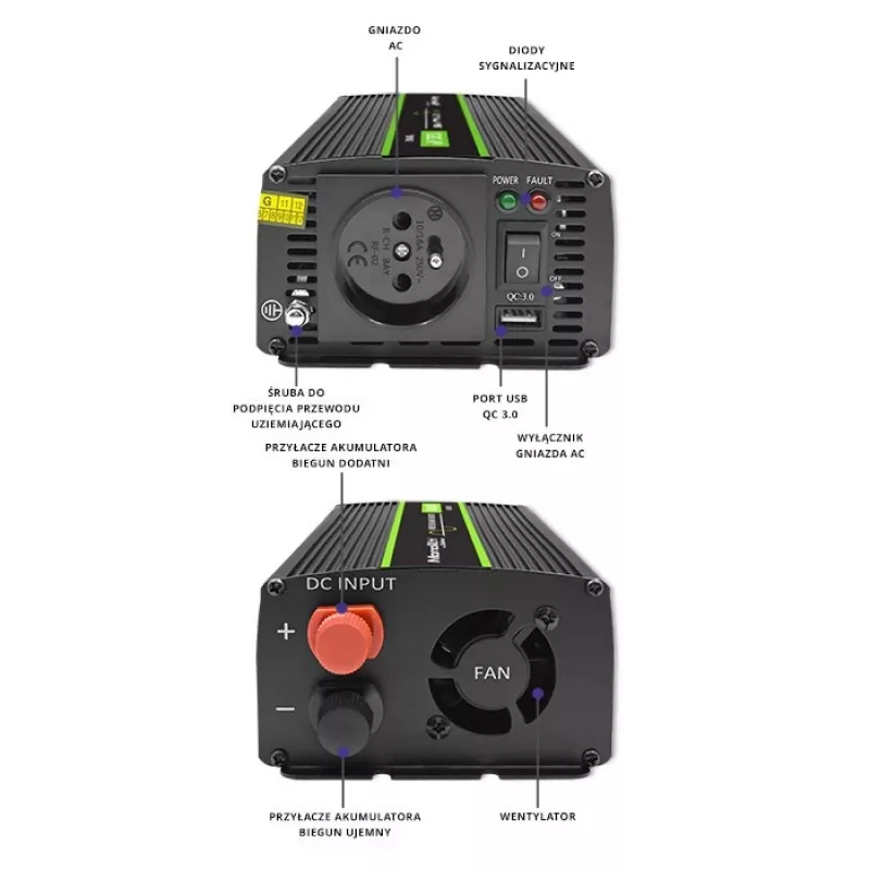 Auto-Wechselrichter Qoltec Monolith 1200 W Schwarz 24 V