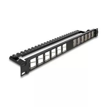 DELOCK 19 Zoll Keystone Patch Panel 24-Port abgewinkelt mit Zugentlastung, 1U, schwarz, 482,6×125,5×44,2 mm