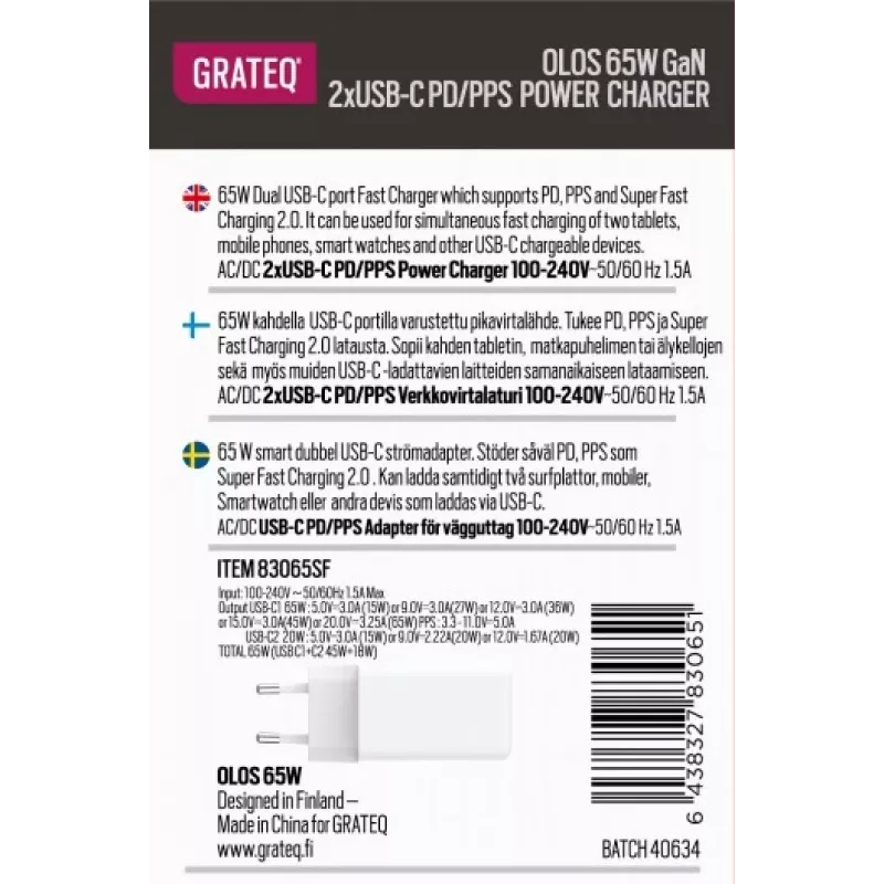 Ladegerät GRATEQ OLOS PD/PPS 2xUSB-C 65W Schnellladegerät 35W
