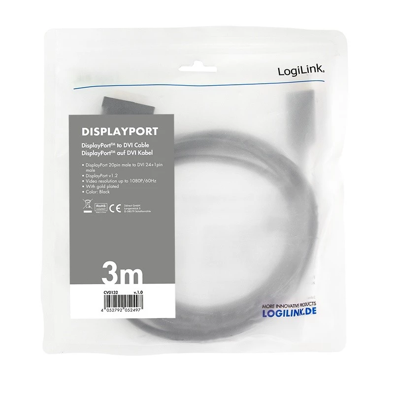 Videokabeladapter LogiLink CV0132 DisplayPort zu DVI 3m Schwarz