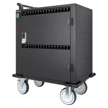 Manhattan iPad bis 13 Zoll, MacBook Air bis 13 Zoll & Chromebook bis 14 Zoll 32-Fach Lade-Wagen/Trolley über USB-C, Auch andere Tablets/Smartphones (mit Gerät-zu-USB-C-Kabel), Fächer 330x22x235 mm, Geräteladekabel nicht enthalten (empfohlen USB-C-Kabel 35