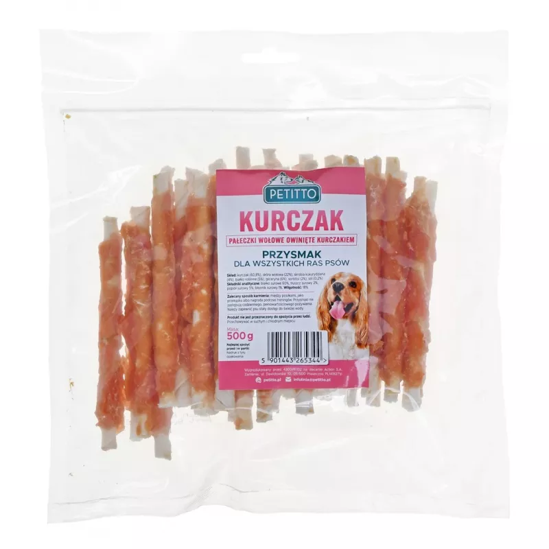 Hundeleckerlis PETITTO Hühnchen-Wrapsticks 500 g — Hühnchengeschmack-Kausticks, 60 % Protein, 18 % Feuchtigkeit