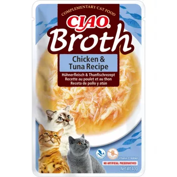 Nasses Katzenleckerli INABA Ciao Broth Huhn & Thunfisch 40 g — fleischiger flüssiger Snack im Beutel, Protein 9,4 %, Feuchtigkeit 88 %