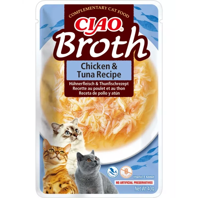 Nasses Katzenleckerli INABA Ciao Broth Huhn & Thunfisch 40 g — fleischiger flüssiger Snack im Beutel, Protein 9,4 %, Feuchtigkeit 88 %