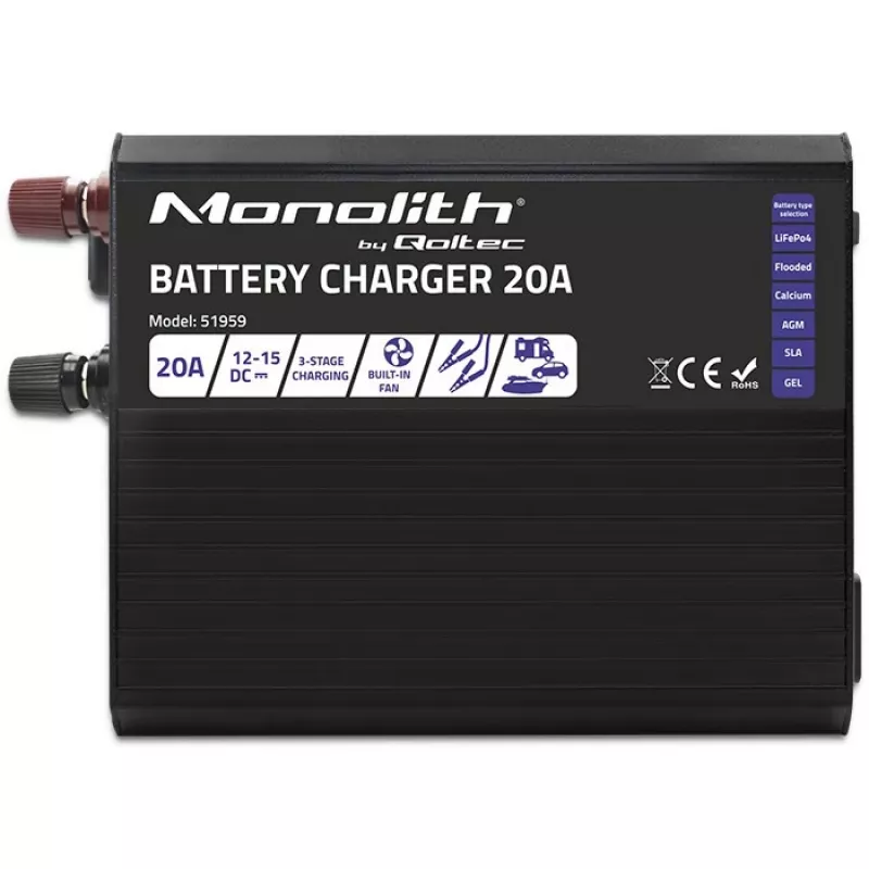 Ladegerät QOLTEC Monolith 20 A 12 V für LiFePO4-, AGM-, GEL-, SLA-Batterien