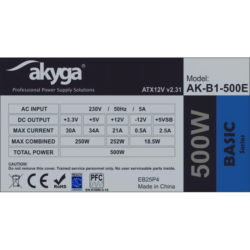 ATX-Netzteil Akyga AK-B1-500E 500 W, 120-mm-Lüfter, 20+4-Pin-ATX, 3× SATA, passive PFC