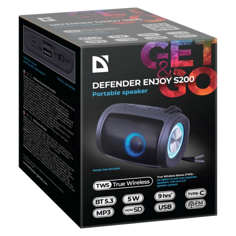 Tragbarer Bluetooth-Lautsprecher DEFENDER Ejoy S200 TWS 2.0, 5 W, Bluetooth 5.3, LED, 10 h Akkulaufzeit, eingebautes Mikrofon