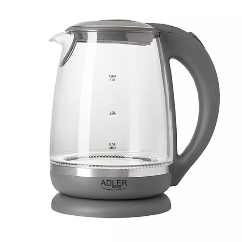 Adler | Wasserkocher | AD 1286 | Standard | 2200 W | 2 L | Kunststoff/Glas | 360° drehbare Basis | Grau/Transparent