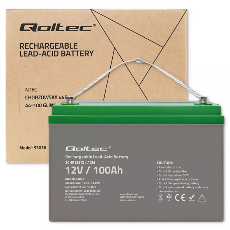 Qoltec 53038 AGM-Batterie | 12V | 100Ah | max 1200A