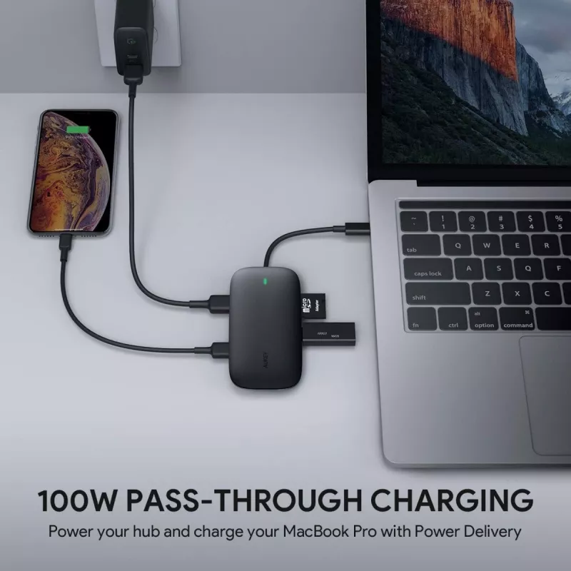 Laptop-Dock AUKEY CB-C71 — 3x USB‑C (USB 3.2 Gen1), HDMI, RJ‑45, MicroSD, USB PD 100 W, 0,15 m Kabel, schwarz