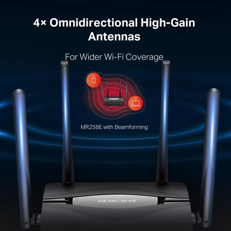 Tischrouter MERCUSYS MR25BE EasyMesh Wi‑Fi 7 Dual‑Band 2,4/5 GHz, 3600 Mbit/s, 3× Gigabit-LAN, 4 externe Antennen