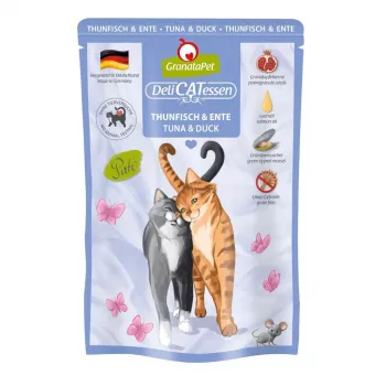 Nassfutter für Katzen Fox4Pets DeliCATessen Thunfisch und Ente 85 g Beutel, vollständiges getreidefreies Futter für ausgewachsene Katzen