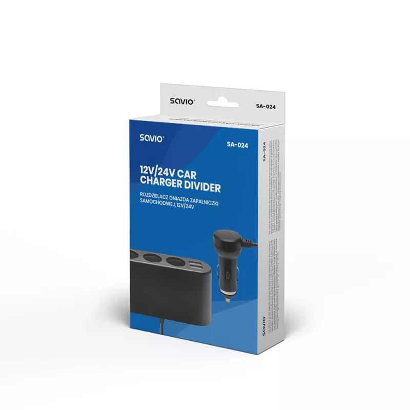 Auto-USB-Ladegerät SAVIO SA-024 — universelles Ladegerät für Mobilgeräte, Eingang 12–24 V, Ausgang 5 V, schwarz, Zigarettenanzünder