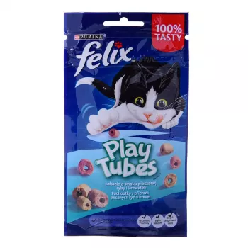 Trockener Katzensnack Felix Play Tubes Fisch & Garnelen 50 g — Snack-Röllchen für ausgewachsene Katzen, 35 % Protein, 19,5 % Fett