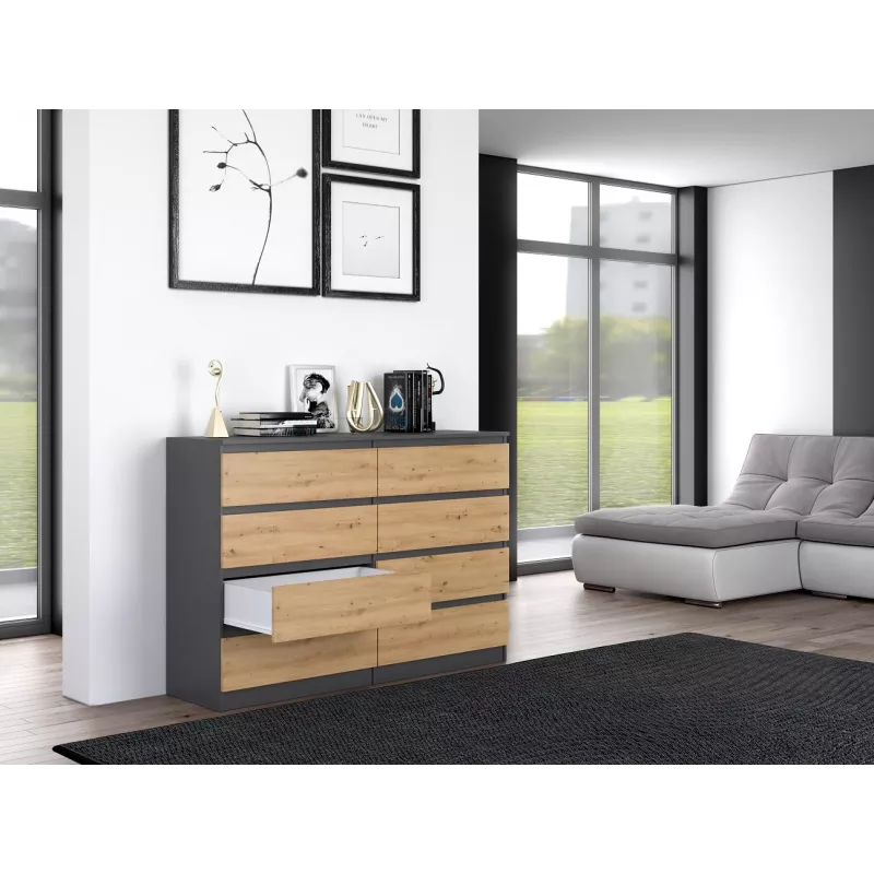 Kommode Top e shop M8 140 ANT/ART — 8 Schubladen, Anthrazit/Eiche, 1380×400×970 mm, Spanplatte