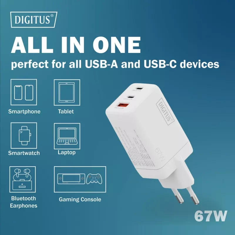 Wandladegerät DIGITUS DA-10303 67W GaN, 2× USB-C + 1× USB-A, 100–240V, weiß