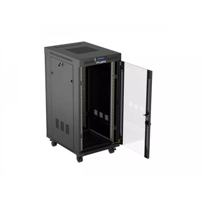 Netzwerkschrank LANBERG 19 Zoll 24HE 600x800 mm schwarz mit Glastür und LCD-Ausschnitt (flach Pack) v2