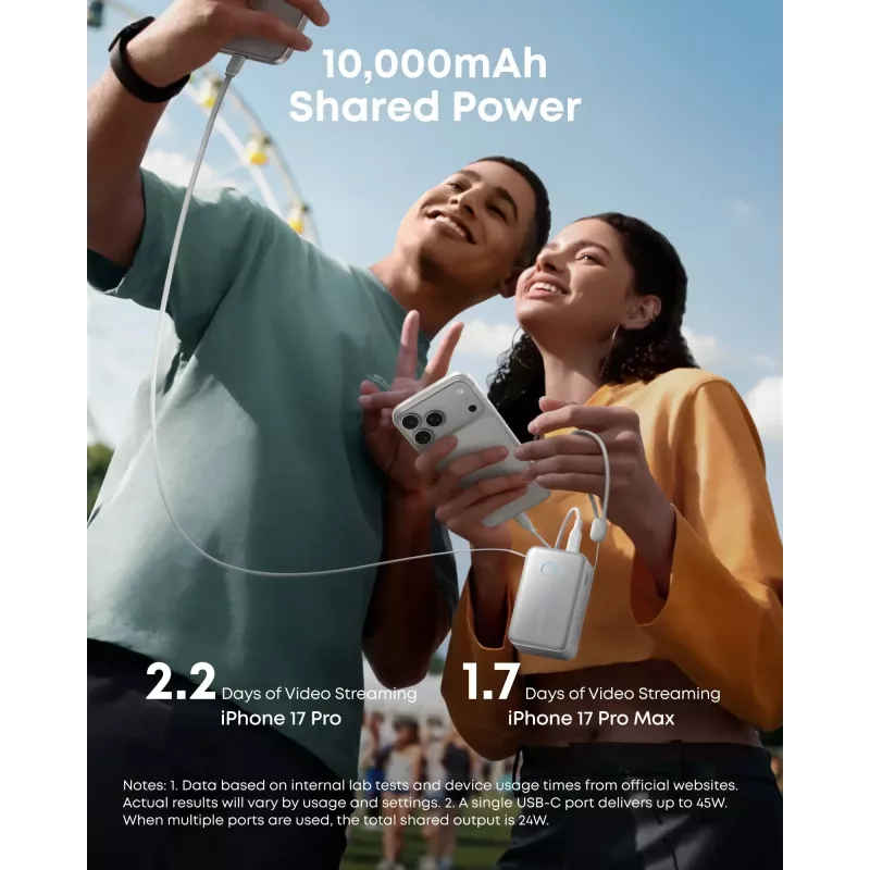 Powerbank Anker A1638 10000 mAh, 45 W Gesamtausgangsleistung, Weiß, integriertes einziehbares USB-C-Kabel