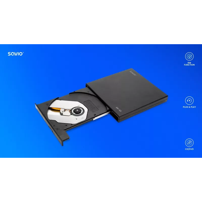 Externes schlank-DVD±RW-Laufwerk SAVIO AK-43, USB 2.0, schwarz, unterstützt CD-/DVD-Lesen/Schreiben (24x CD, 8x DVD)