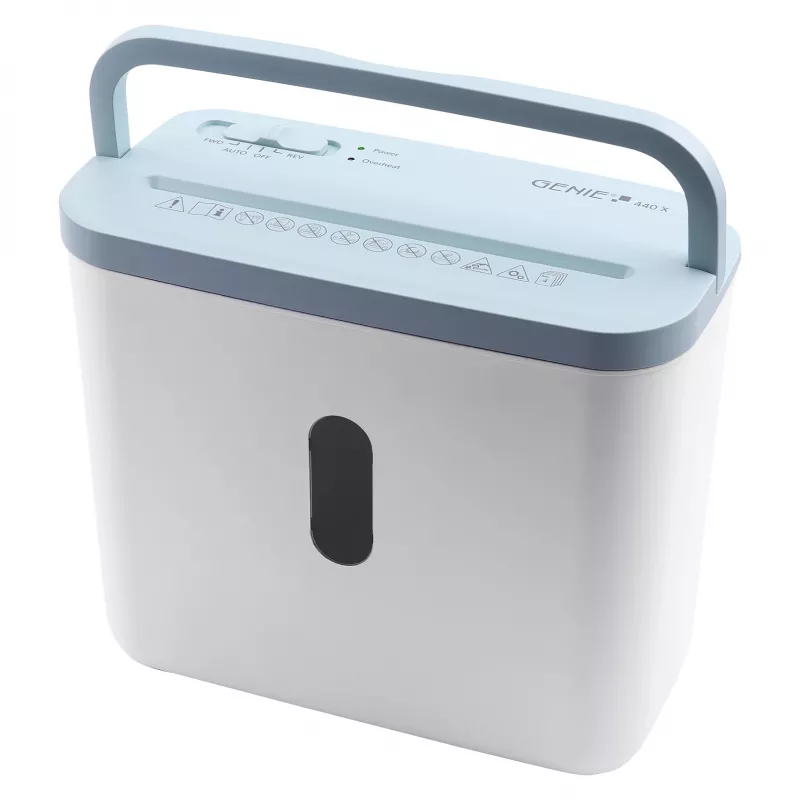 Aktenvernichter genie 440 X Blue — Kreuzschnitt 4 x 38 mm, 8 L Korb, 300 W