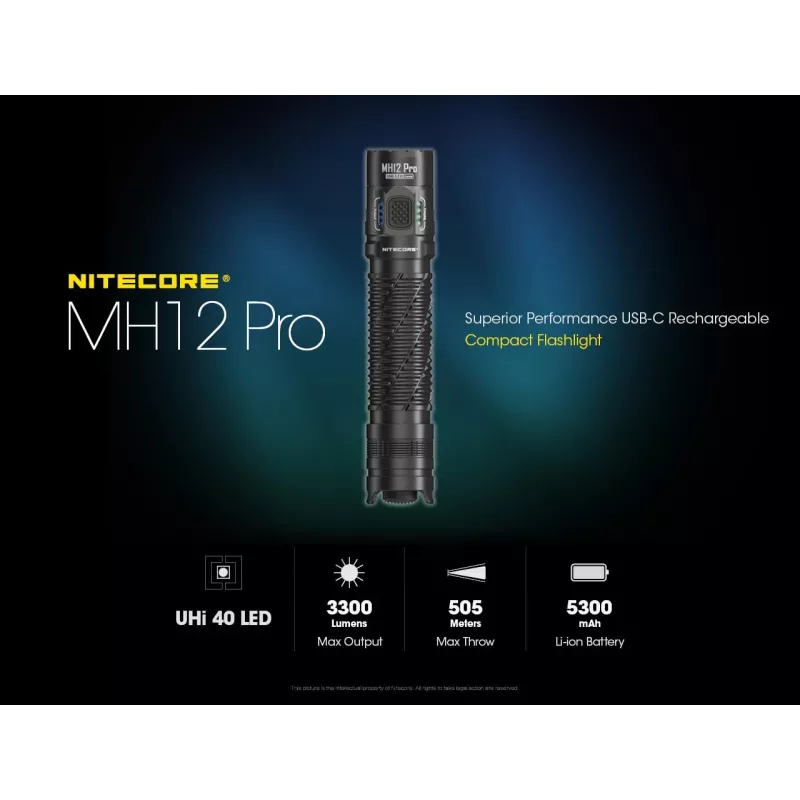Handtaschenlampe Nitecore MH12 Pro Schwarz LED 3300 lm USB-aufladbar 5300 mAh, Aluminium, 138,5 mm, 81,5 g, wasserdicht 2 m