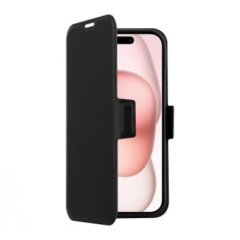 Wallet-Hülle SCREENOR CLEVER für iPhone 15 (6,1 Zoll, PU-Leder, schwarz) mit Kartenfach und Tischständer