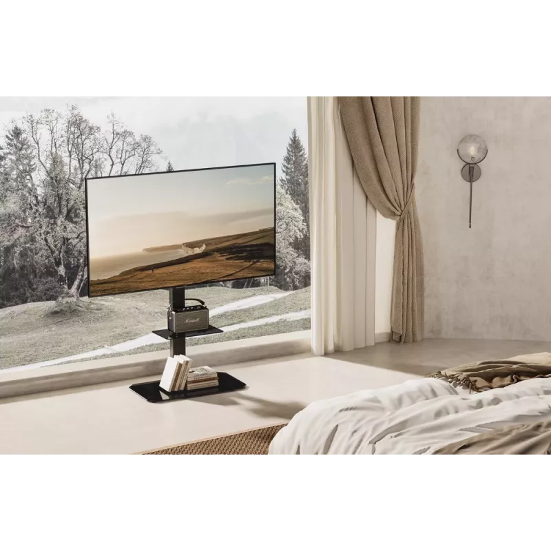 Boden-TV-Ständer GEMBIRD TVS-86ST-01 für 43–86 Zoll Fernseher, schwarz, Basis aus gehärtetem Glas, VESA 100x100–600x400, max. 60 kg