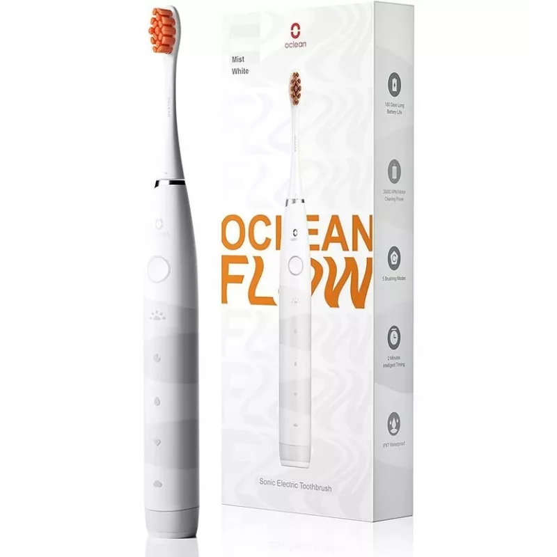 Schallzahnbürste OCLEAN FLOW Erwachsene — batteriebetrieben, Aufhellungsmodus, integrierter Timer, einstellbare Geschwindigkeit, 255 mm Höhe, weiß, 0,13 kg, 1 Handstück + 1 Bürstenkopf