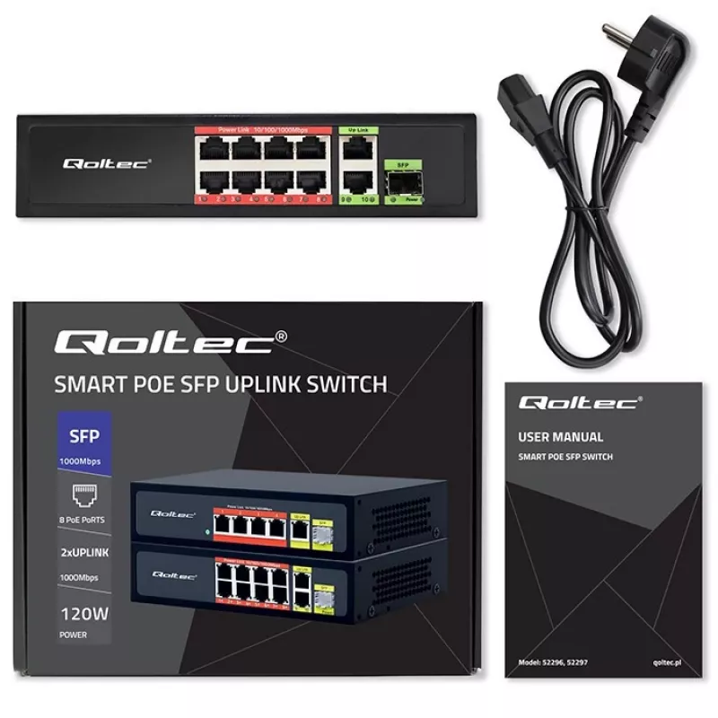 Ethernet Switch QOLTEC 52297 PoE RJ45 mit PoE-Uplink und SFP-Port