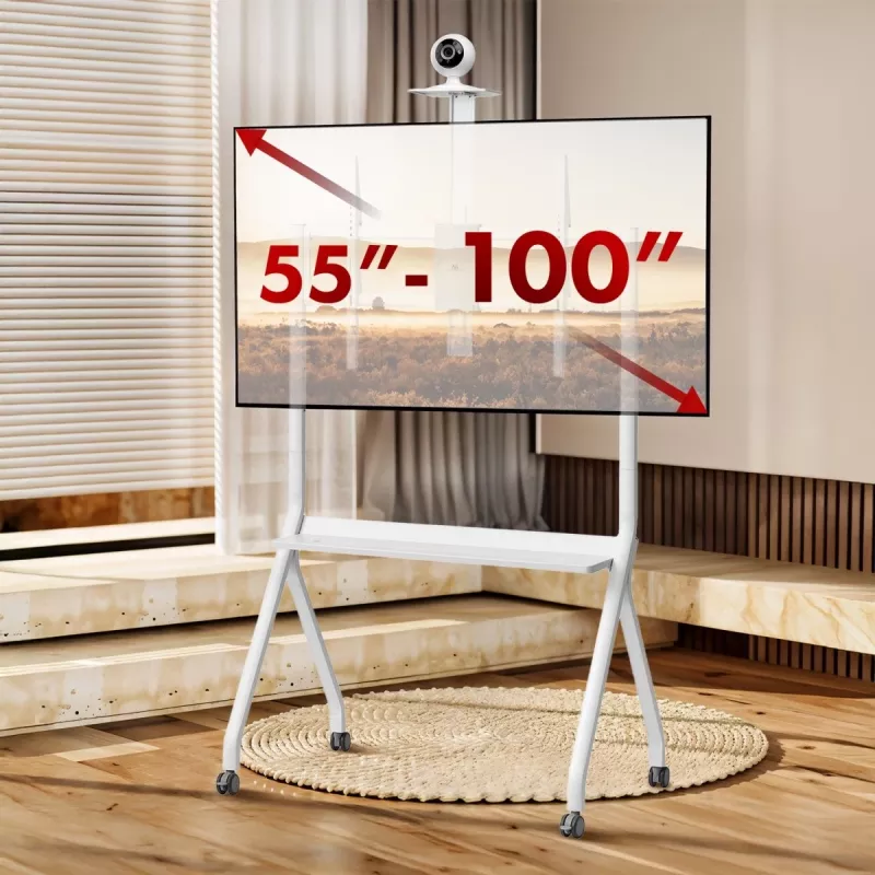 Boden-TV-Ständer MACLEAN MC-114 W für Displays 55 Zoll–100 Zoll, weiß, VESA bis zu 900x600, maximale Belastung 120 kg, Höhe 115–152 cm, Ablage