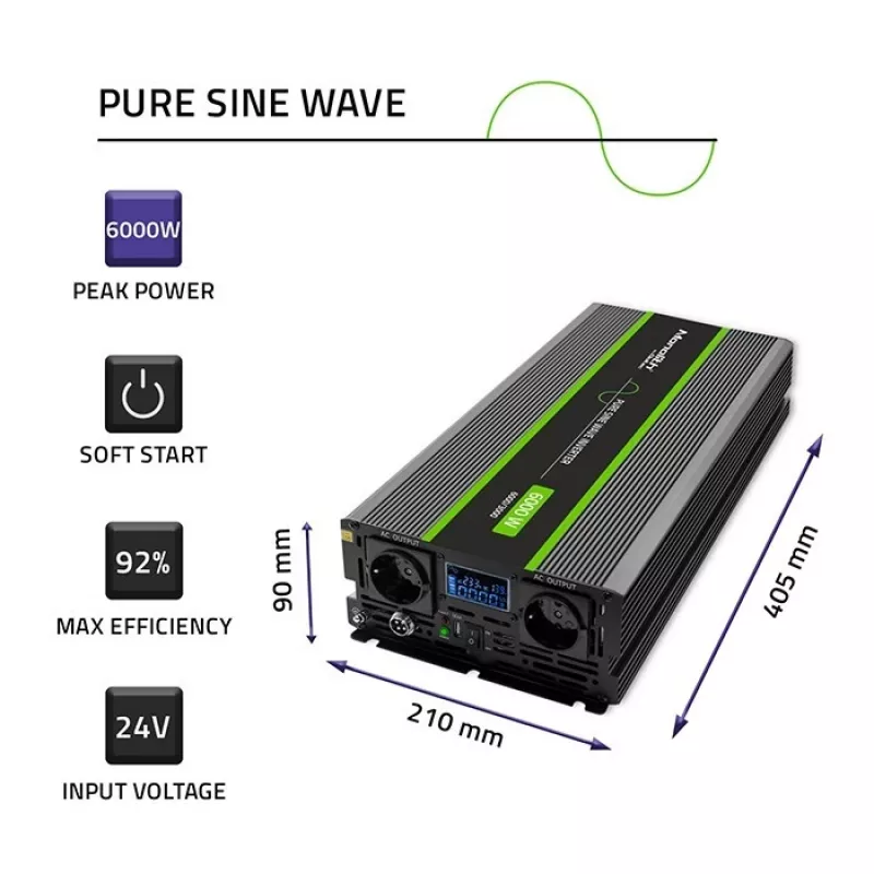 Qoltec 51923 Reiner Sinus-Wechselrichter Monolith | 3000W | 6000W | 24V auf 230V | LCD