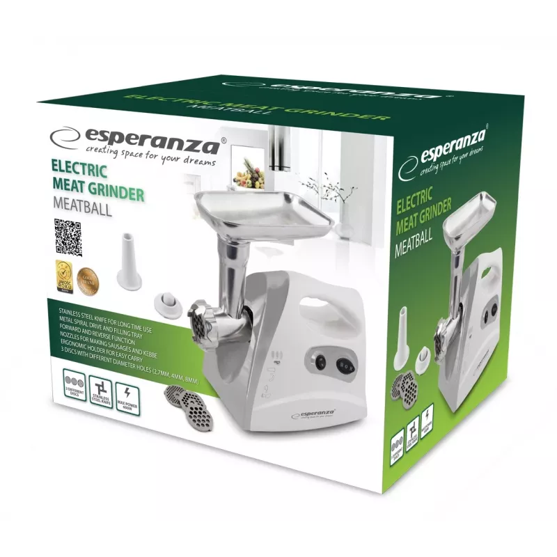 Elektrischer Fleischwolf ESPERANZA EKM012E 600 W, Grau, 2,6 kg, Rückwärtslauf, Wursthorn, Kebbe-Hersteller