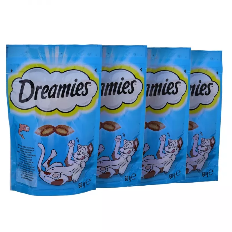 Katzenleckerli Dreamies Cheese, Chicken, Salmon Sortiment 12×60 g — fleischhaltige feste Snacks, Protein 31%, Fett 21%