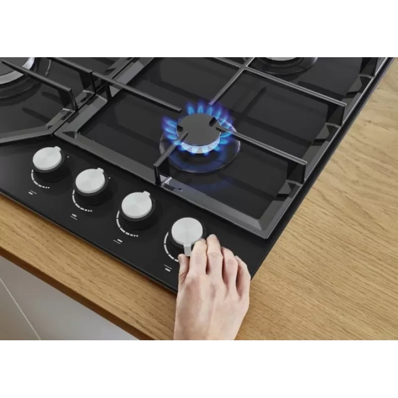 Gasherd Gorenje GT641KB, Einbau 60 cm, 4 Gaszonen, gehärtetes Glas, Gusseisenroste, Drehknöpfe