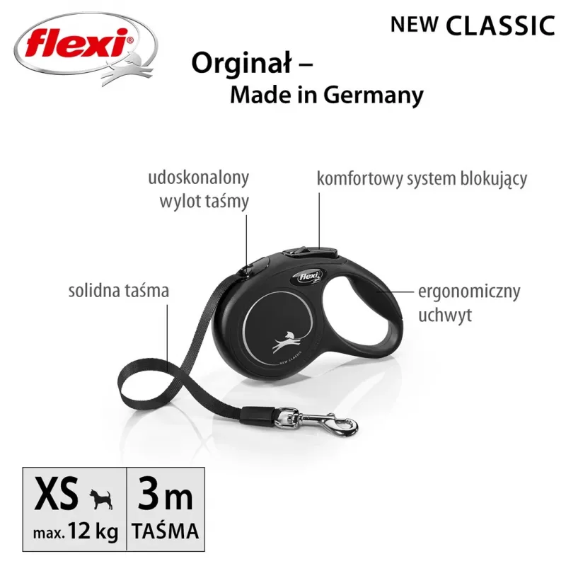 Rollleine Flexi New Classic Cat XS 3 m — Schnurleine für kleine Haustiere, schwarz, max. Belastung 8 kg