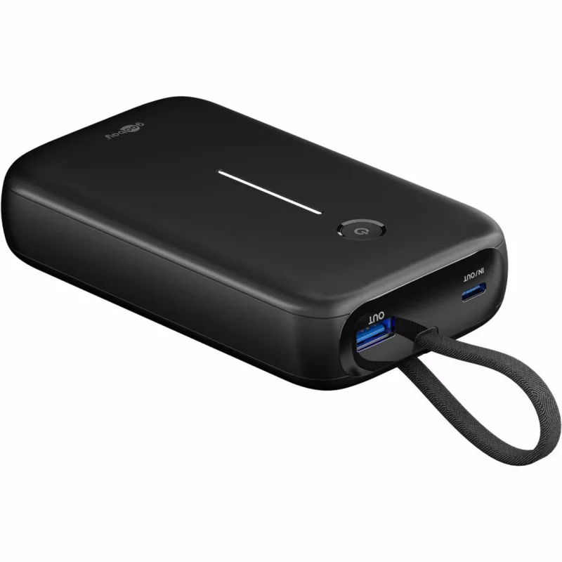 Powerbank 20.000 mAh, integriertes USB-C-Kabel 13 cm, 30 Watt (schwarz, 20 Ah, 1x USB-A, 2x USB-C, PD, QC)