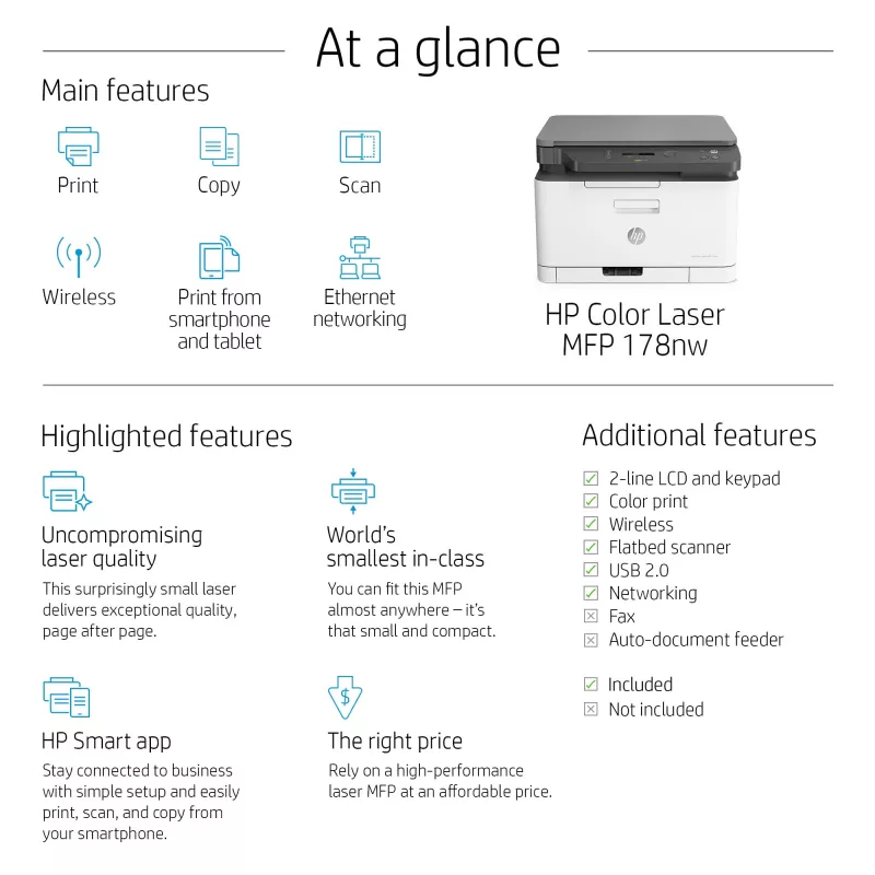Multifunktions-Laserdrucker HP Color Laser MFP 178nw — Farbdruck, A4, 18 Seiten/min (S/W), Wi‑Fi, Ethernet, Duplex-Scan
