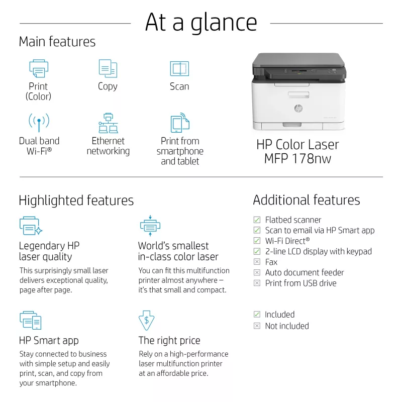 Multifunktions-Laserdrucker HP Color Laser MFP 178nw — Farbdruck, A4, 18 Seiten/min (S/W), Wi‑Fi, Ethernet, Duplex-Scan