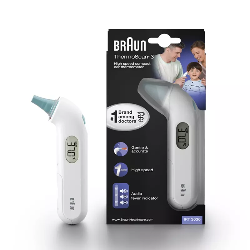 Kontakt-Ohrthermometer BRAUN ThermoScan 3 IRT3030 — Messung 34–42,2°C, 1 s, LCD, Summer, weiß